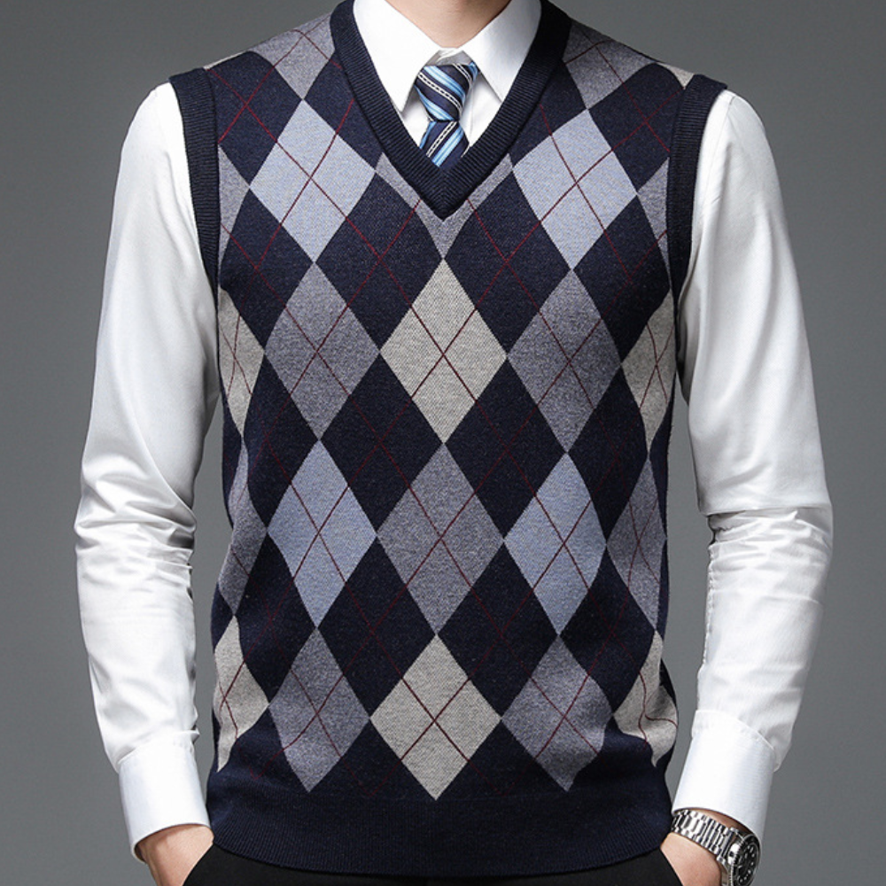 Gentlemen's Spencer with Stylish Argyle Pattern - Felix-Dark blue-S-Nora Luxe