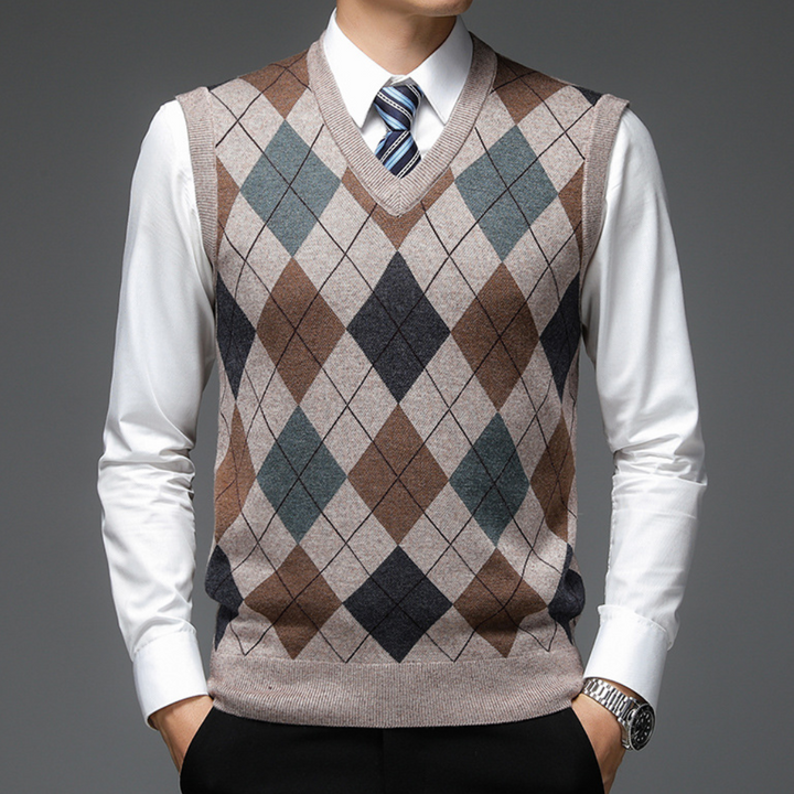 Gentlemen's Spencer with Stylish Argyle Pattern - Felix-Khaki-S-Nora Luxe
