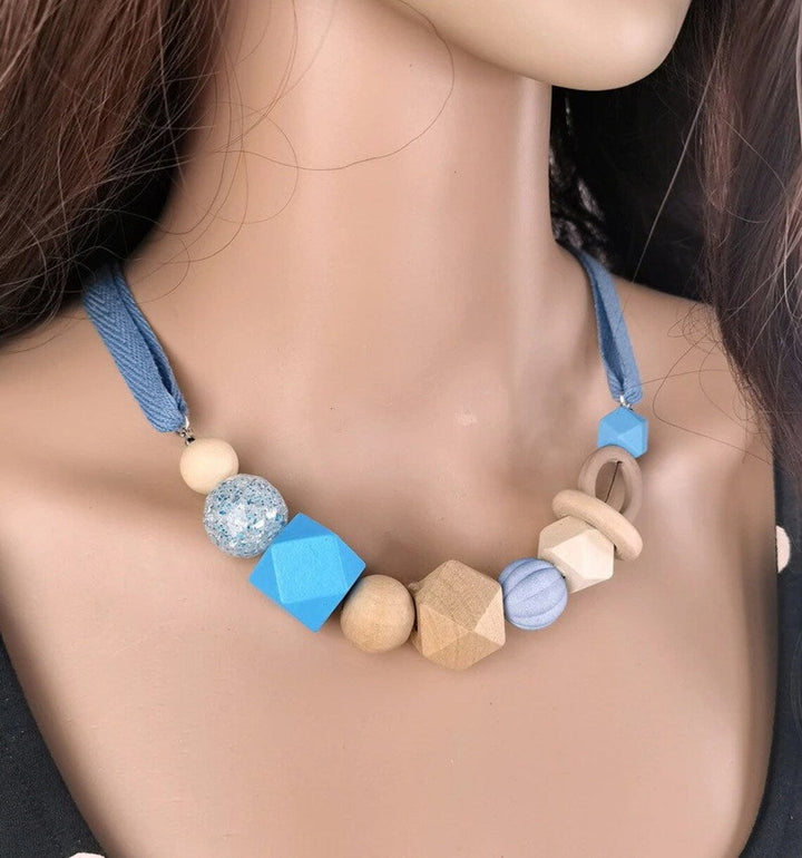 Geometric Pearl Wood Necklace | Modern Design-BLUE-Nora Luxe