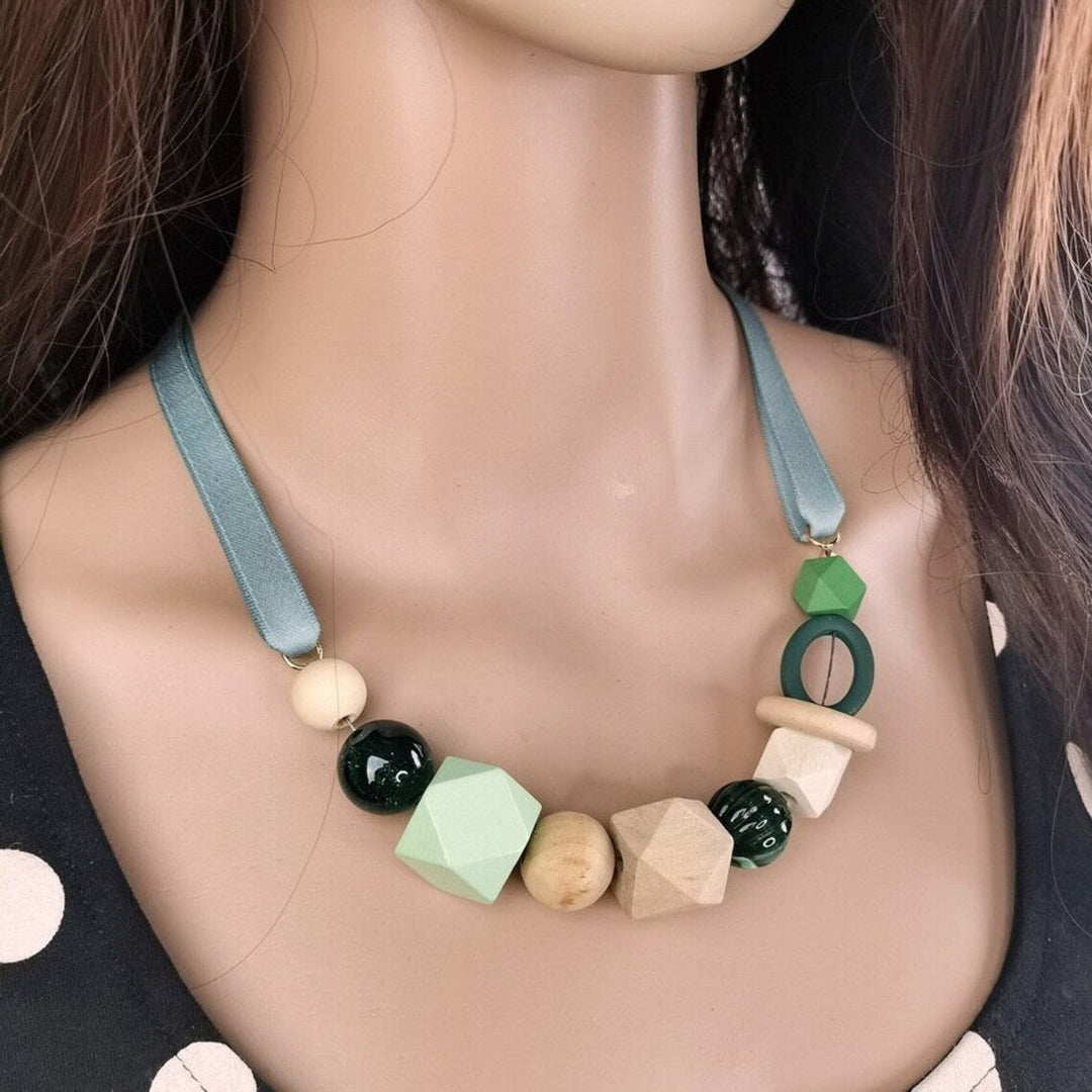 Geometric Pearl Wood Necklace | Modern Design-GREEN-Nora Luxe