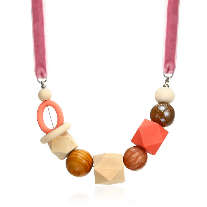 Geometric Pearl Wood Necklace | Modern Design-PINK-Nora Luxe