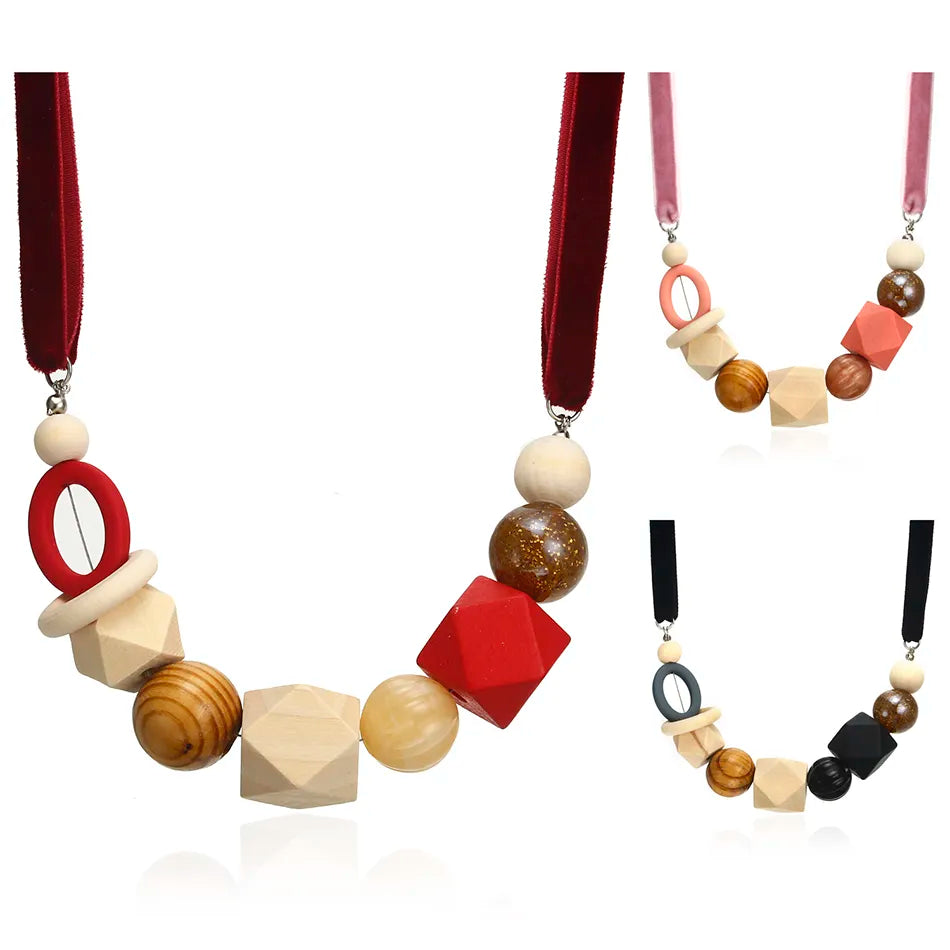 Geometric Pearl Wood Necklace | Modern Design-PURPLE-Nora Luxe