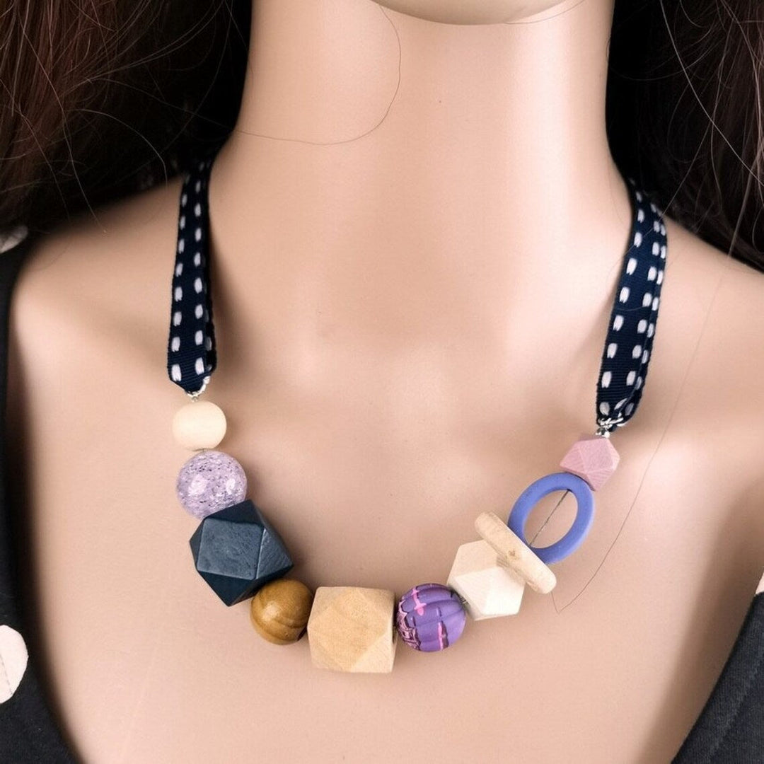 Geometric Pearl Wood Necklace | Modern Design-PURPLE-Nora Luxe