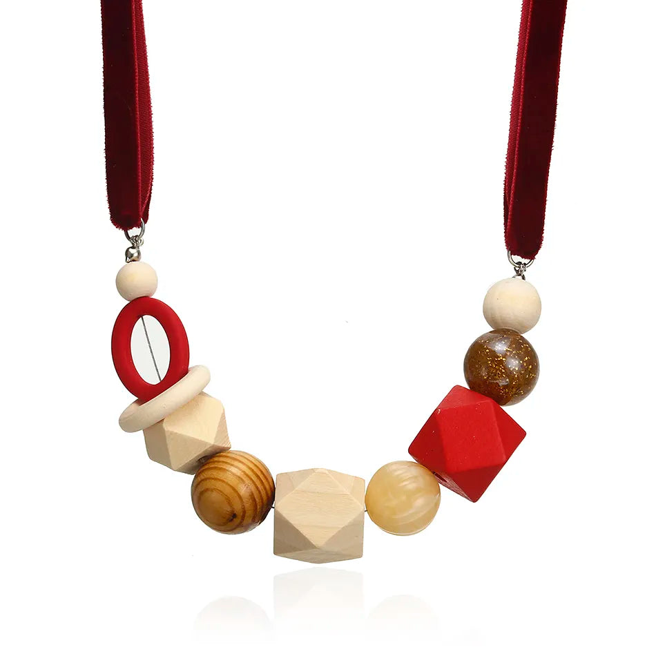 Geometric Pearl Wood Necklace | Modern Design-RED-Nora Luxe