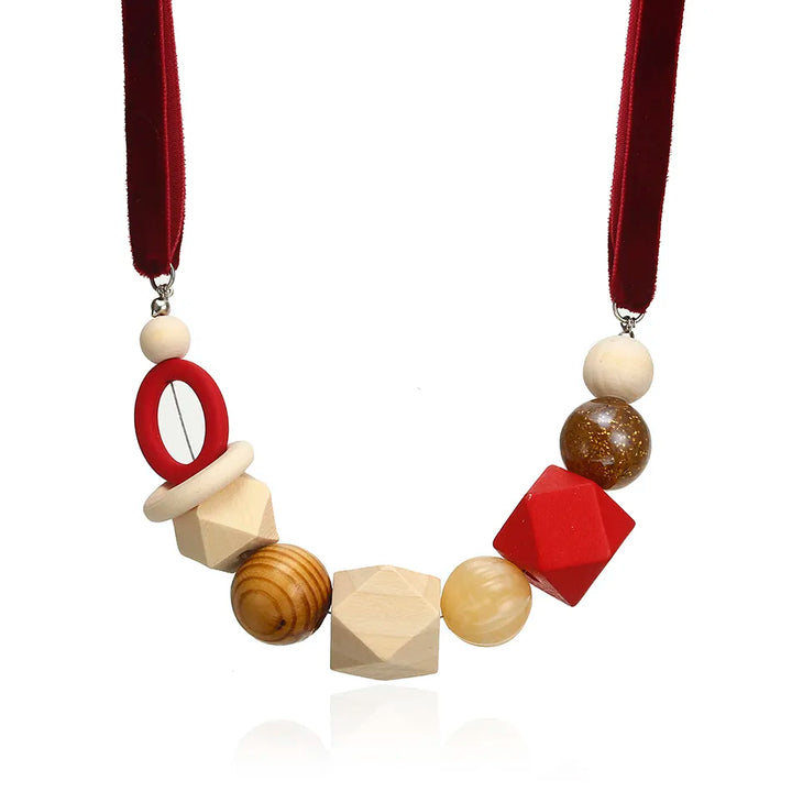 Geometric Pearl Wood Necklace | Modern Design-RED-Nora Luxe
