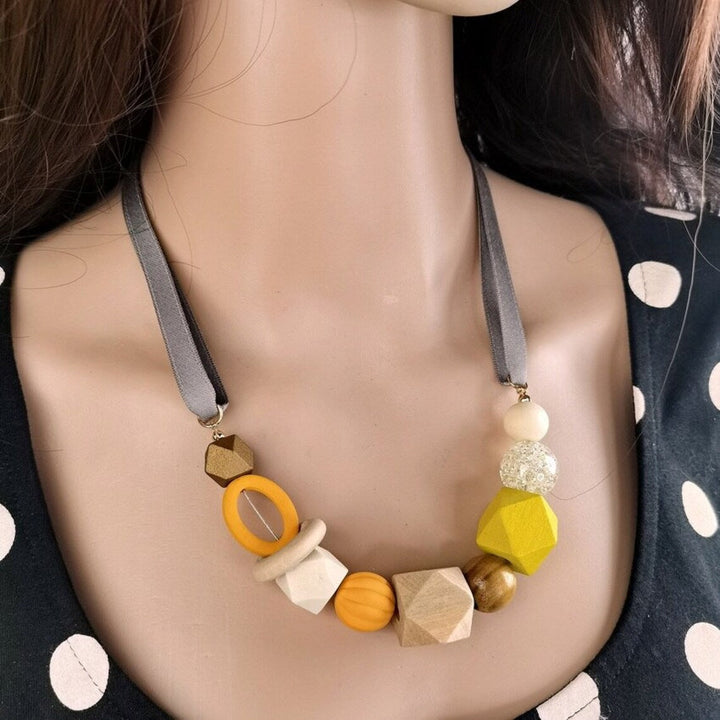 Geometric Pearl Wood Necklace | Modern Design-YELLOW-Nora Luxe