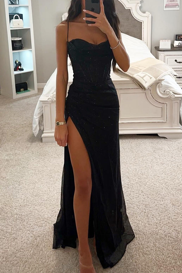 Glamorous Maxi Dress with Sequins and Corset - Celeste-Black-S-Nora Luxe