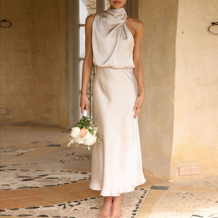 Glamorous One Shoulder Satin Dress - Emily-Beige-S-Nora Luxe