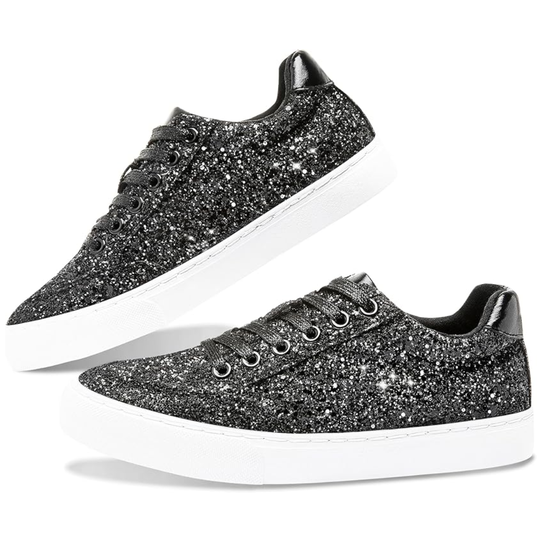 Glitter Sparkly Lace-up Sneakers - Anna-Black-3.0-Nora Luxe