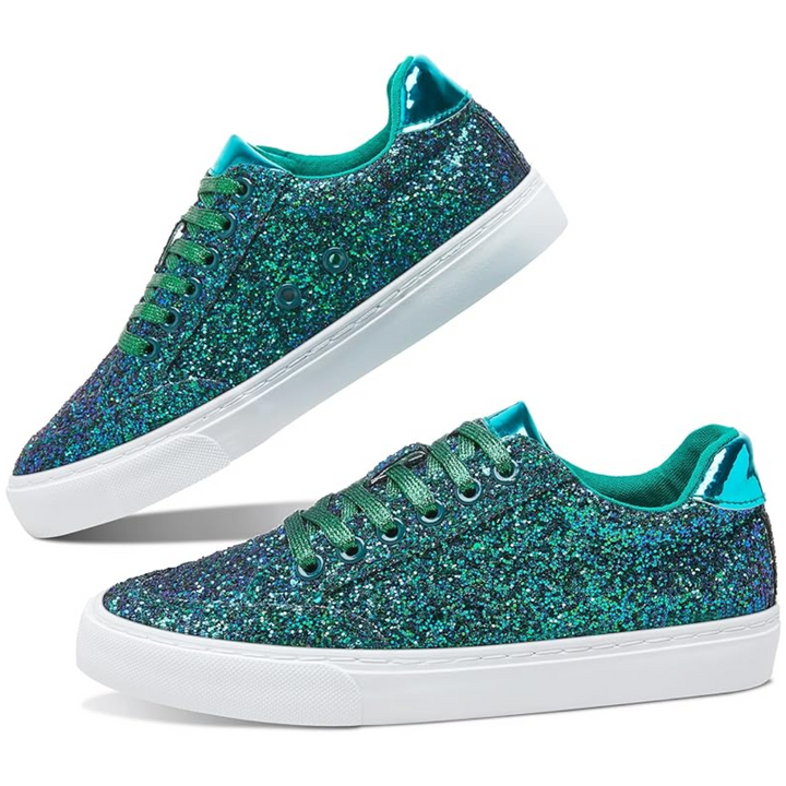 Glitter Sparkly Lace-up Sneakers - Anna-Green-3.0-Nora Luxe