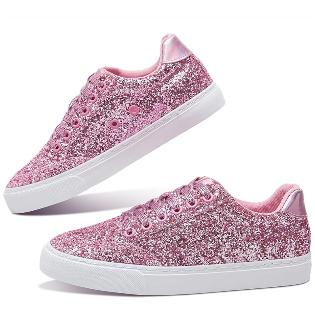 Glitter Sparkly Lace-up Sneakers - Anna-Pink-3.0-Nora Luxe