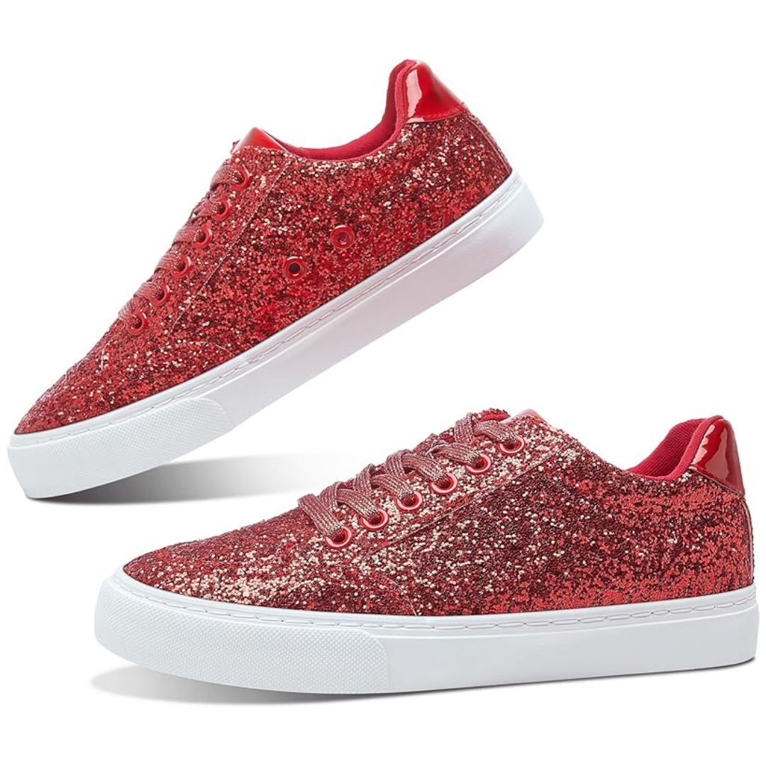 Glitter Sparkly Lace-up Sneakers - Anna-Red-3.0-Nora Luxe