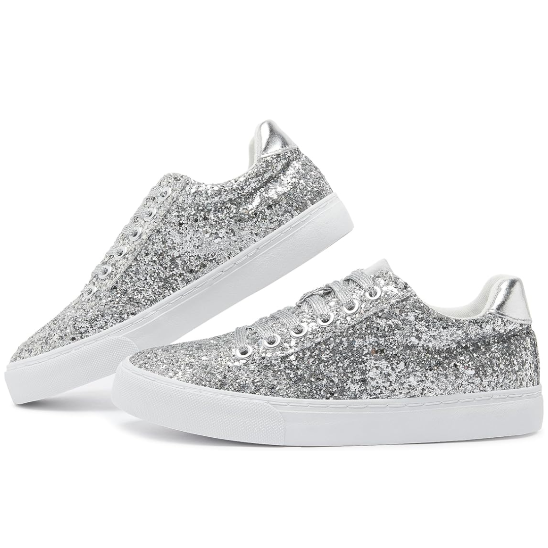 Glitter Sparkly Lace-up Sneakers - Anna-Silver-3.0-Nora Luxe