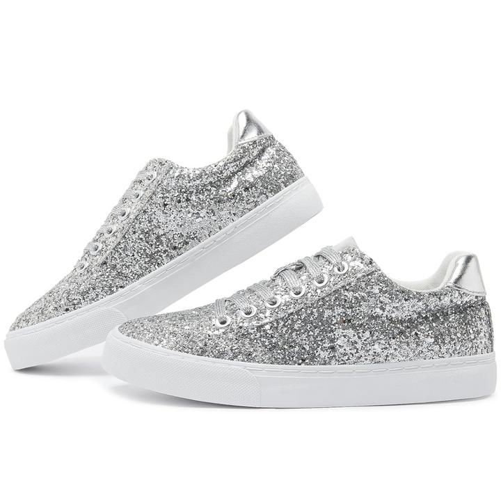 Glitter Sparkly Lace-up Sneakers - Anna-Silver-3.0-Nora Luxe