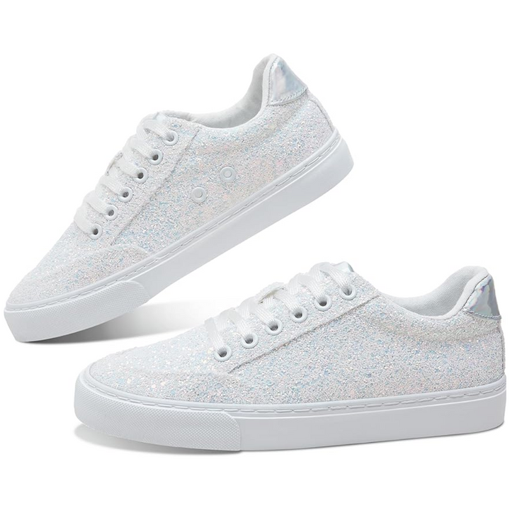 Glitter Sparkly Lace-up Sneakers - Anna-White-3.0-Nora Luxe