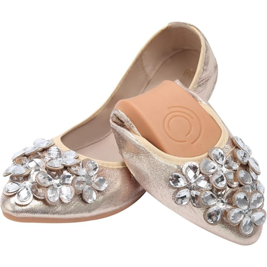 Glittering Rhinestone Ballerina Flats - Yelena-Gold-3.0-Nora Luxe
