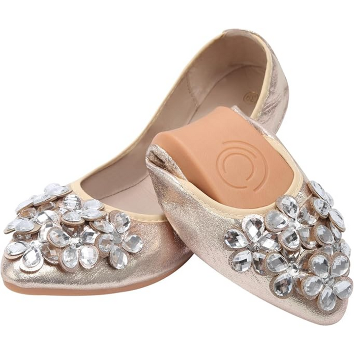 Glittering Rhinestone Ballerina Flats - Yelena-Gold-3.0-Nora Luxe