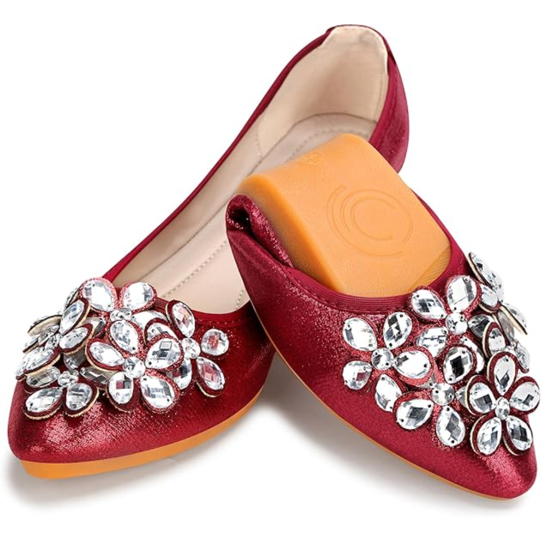 Glittering Rhinestone Ballerina Flats - Yelena-Red-3.0-Nora Luxe