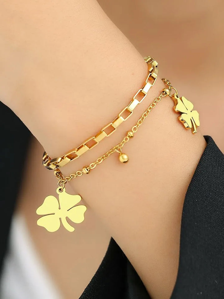 Gold Bracelet with Four-Leaf Clover Charm | Women's Lucky Jewellery-GOLD-Nora Luxe