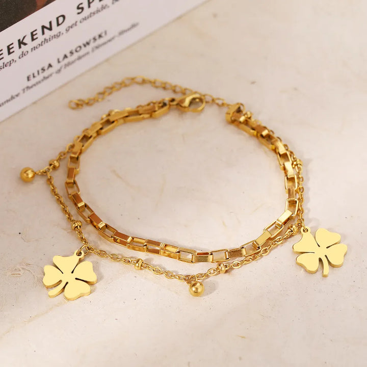 Gold Bracelet with Four-Leaf Clover Charm | Women's Lucky Jewellery-GOLD-Nora Luxe