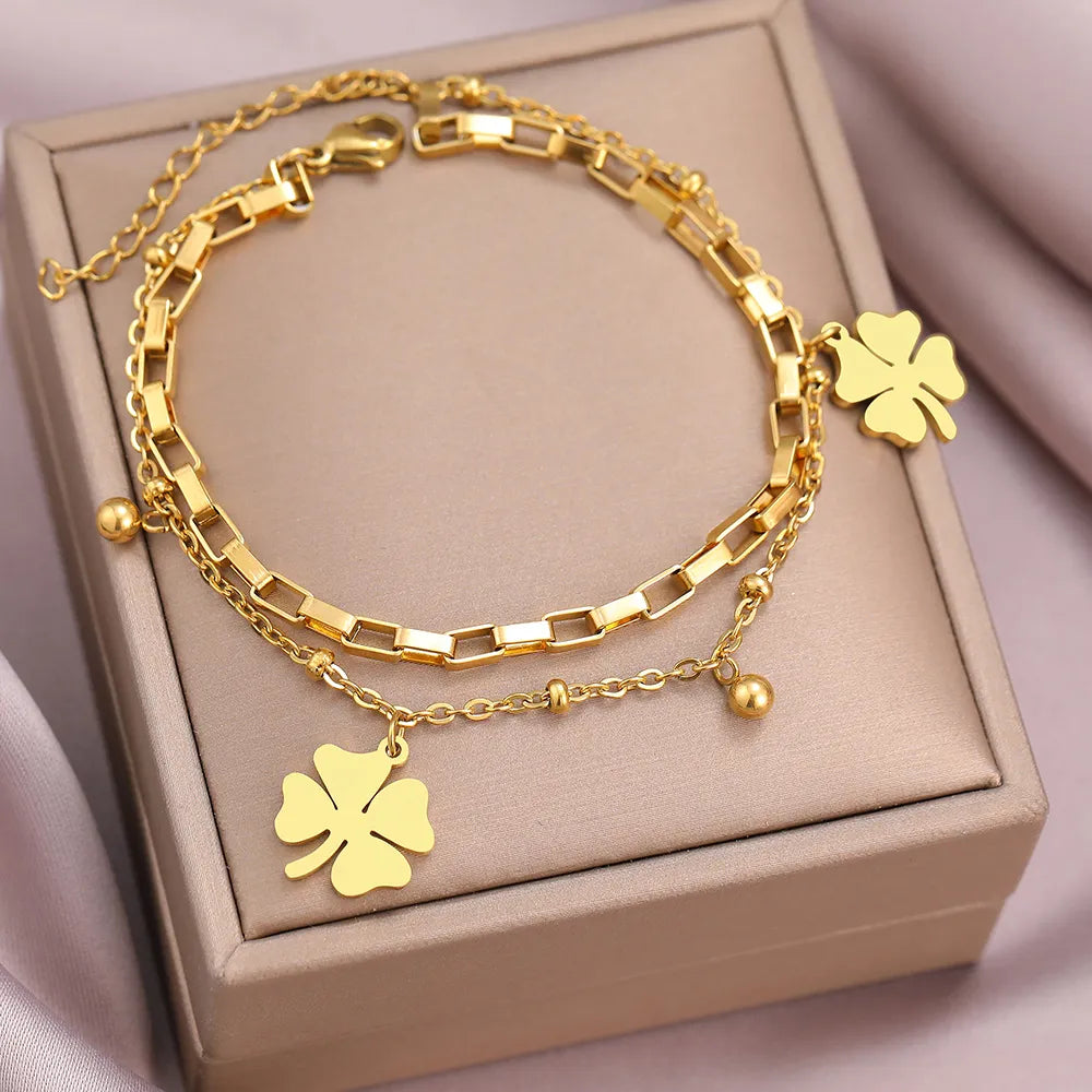 Gold Bracelet with Four-Leaf Clover Charm | Women's Lucky Jewellery-GOLD-Nora Luxe