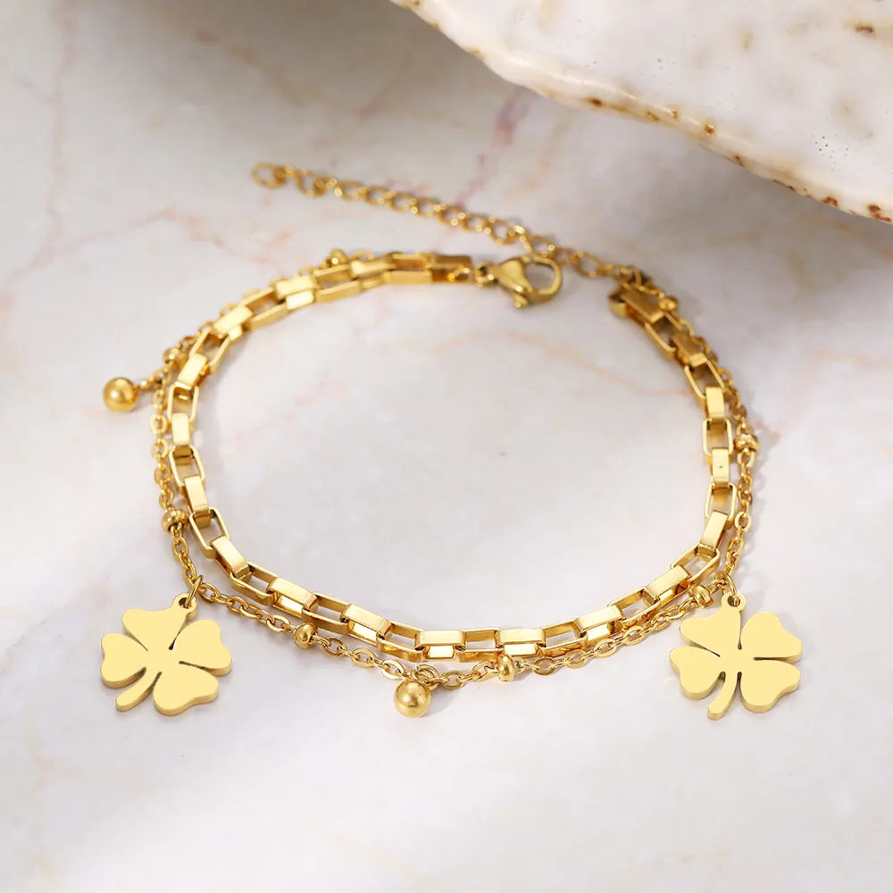 Gold Bracelet with Four-Leaf Clover Charm | Women's Lucky Jewellery-GOLD-Nora Luxe