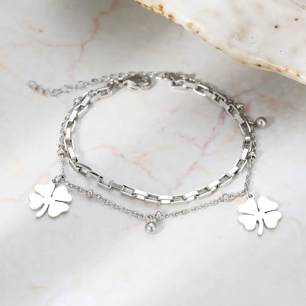 Gold Bracelet with Four-Leaf Clover Charm | Women's Lucky Jewellery-SILVER-Nora Luxe
