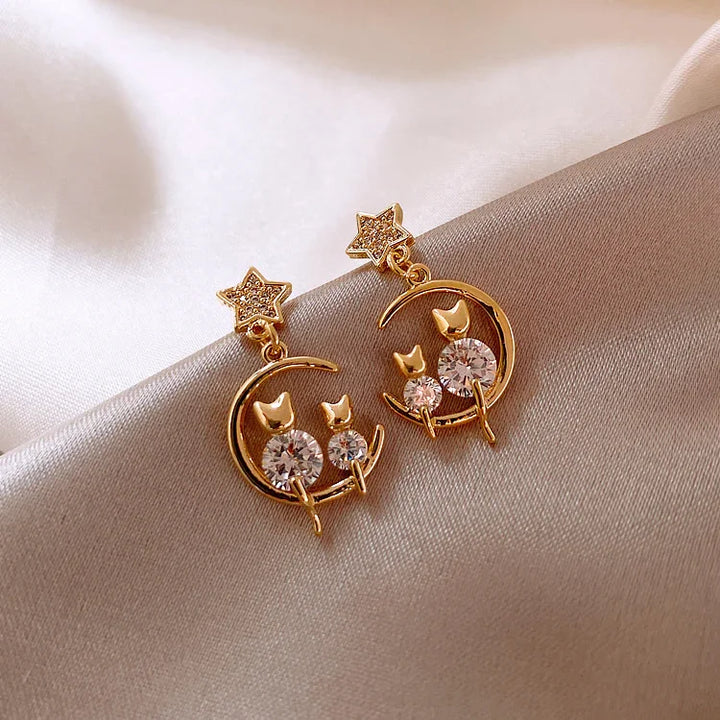 Gold Cat Ear Earrings with Zirconia - Feline-Nora Luxe