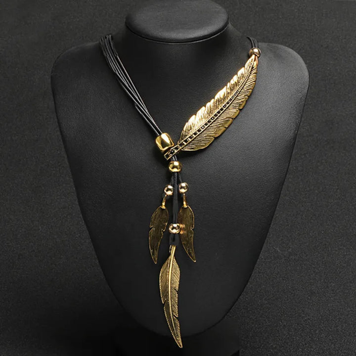 Gold Feather Necklace | Boho Style Jewellery-GOLD BLACK-Nora Luxe