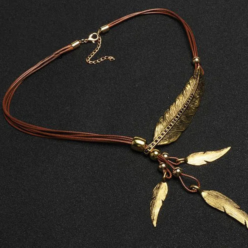 Gold Feather Necklace | Boho Style Jewellery-GOLD-BROWN-Nora Luxe