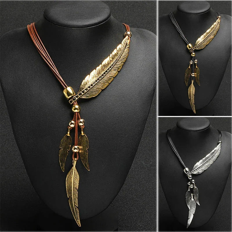 Gold Feather Necklace | Boho Style Jewellery-GOLD-BROWN-Nora Luxe