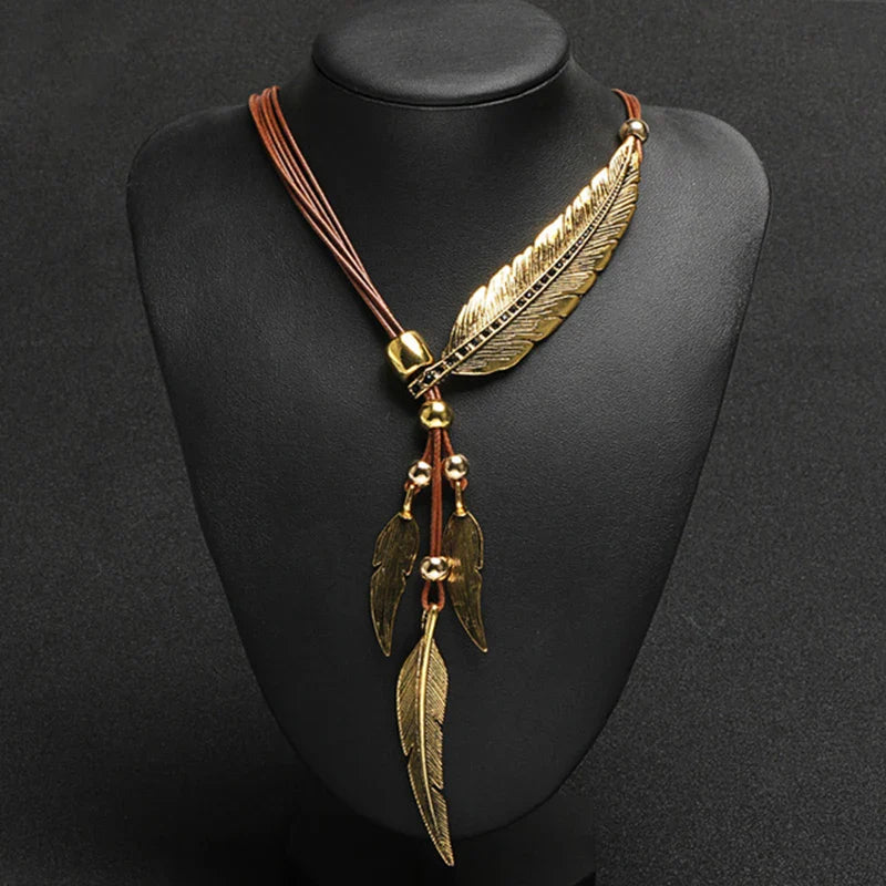 Gold Feather Necklace | Boho Style Jewellery-GOLD-BROWN-Nora Luxe