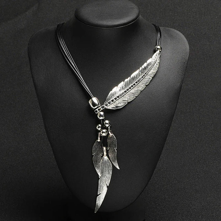 Gold Feather Necklace | Boho Style Jewellery-SILVER BLACK-Nora Luxe