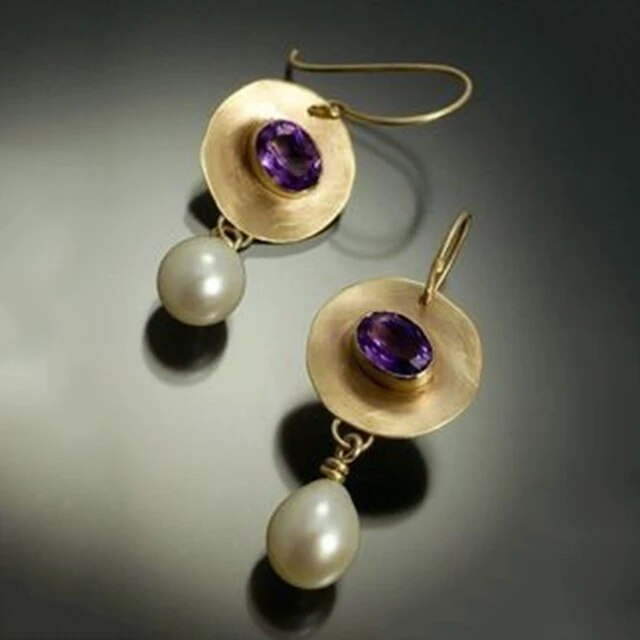 Gold-Plated Vintage Earrings with Pearl and Purple Zirconia - Amarise-Nora Luxe