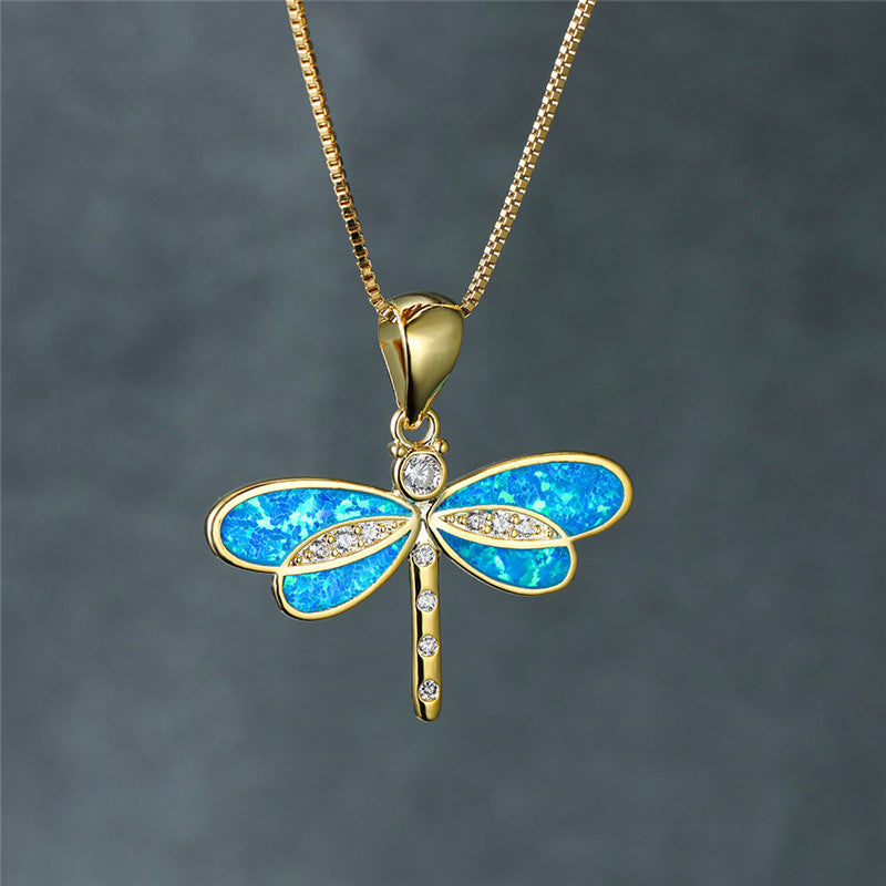 Golden Dragonfly Necklace with Opal - Isolde-White-Nora Luxe