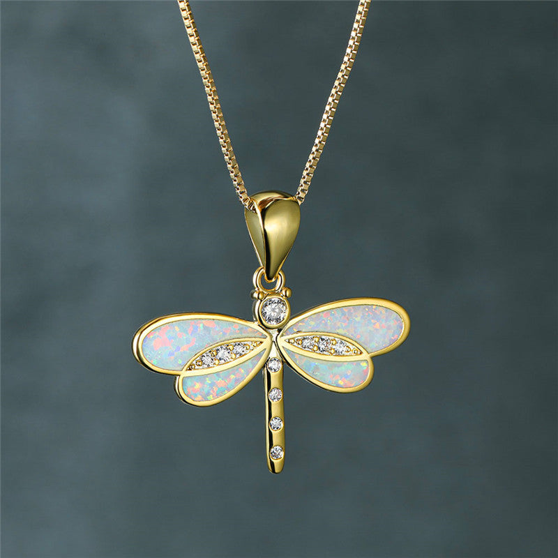 Golden Dragonfly Necklace with Opal - Isolde-White-Nora Luxe