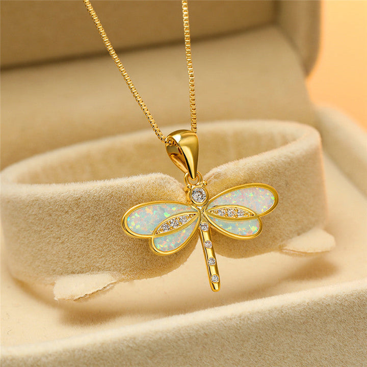 Golden Dragonfly Necklace with Opal - Isolde-White-Nora Luxe