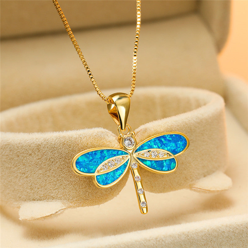 Golden Dragonfly Necklace with Opal - Isolde-White-Nora Luxe