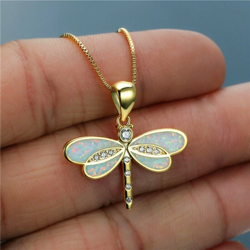 Golden Dragonfly Necklace with Opal - Isolde-White-Nora Luxe