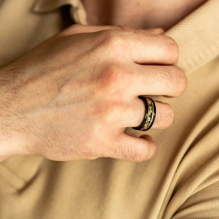 Golden Leaf and Black Meteorite Tungsten Ring - Orion-1.93 inches-Nora Luxe