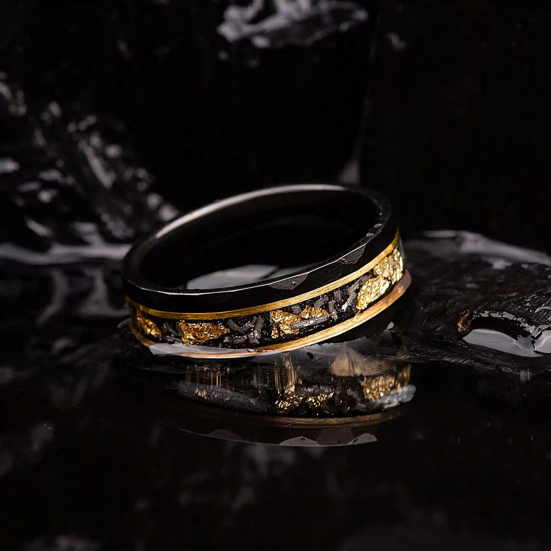 Golden Leaf and Black Meteorite Tungsten Ring - Orion-1.93 inches-Nora Luxe