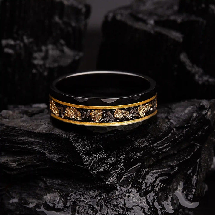 Golden Leaf and Black Meteorite Tungsten Ring - Orion-1.93 inches-Nora Luxe