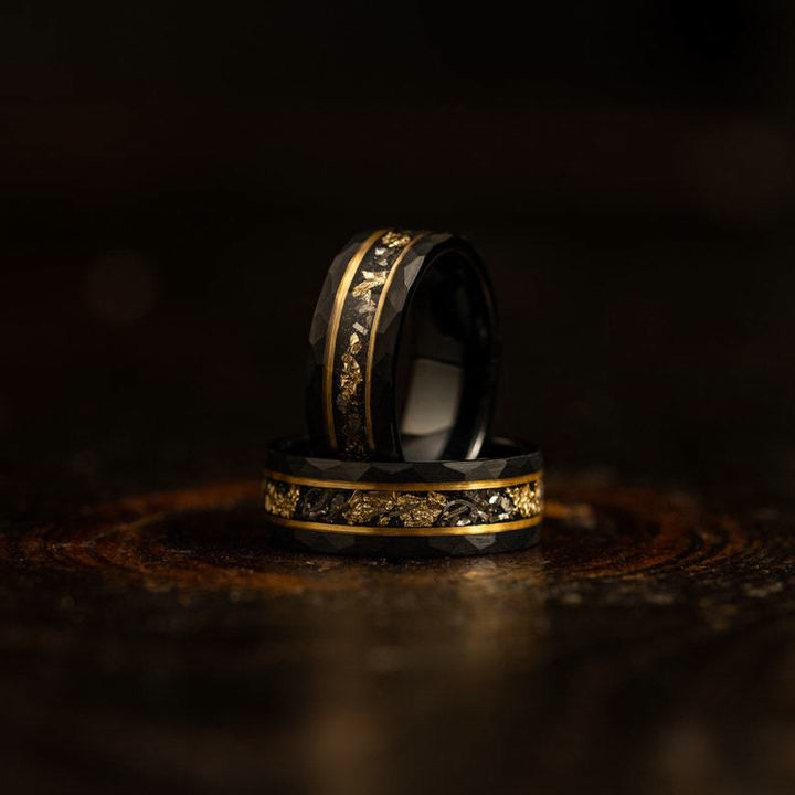 Golden Leaf and Black Meteorite Tungsten Ring - Orion-1.93 inches-Nora Luxe