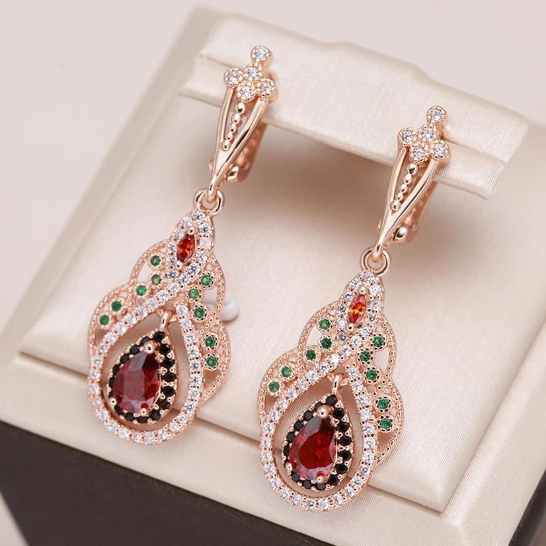 Golden Mandala Earrings with Red Zirconia - Kylie-Nora Luxe