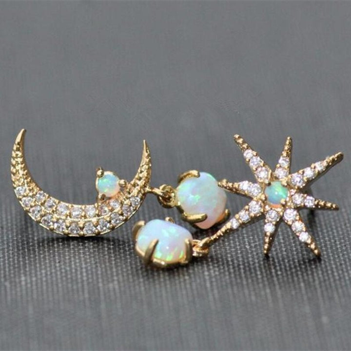 Golden Moon and Star Earrings with Opal - Aurora-Nora Luxe