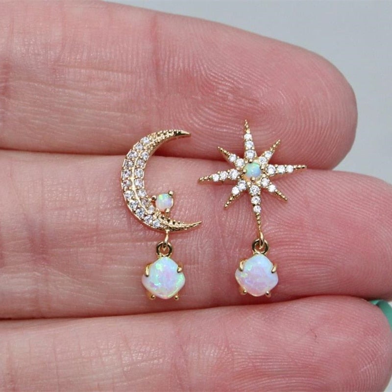 Golden Moon and Star Earrings with Opal - Aurora-Nora Luxe