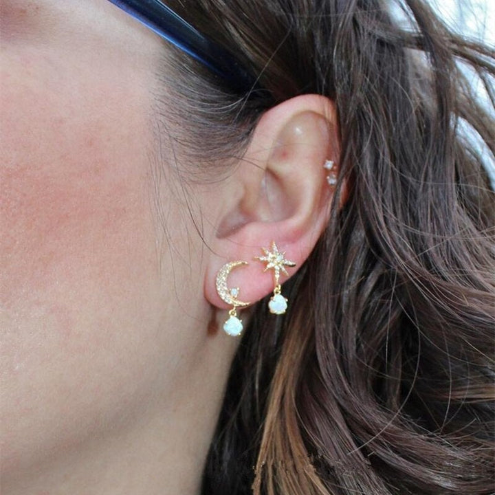 Golden Moon and Star Earrings with Opal - Aurora-Nora Luxe
