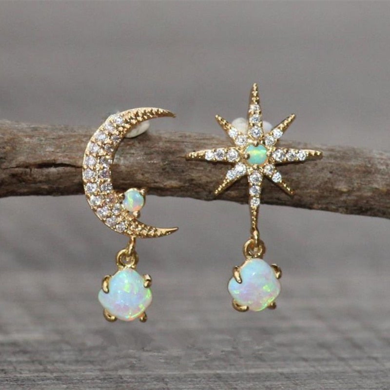 Golden Moon and Star Earrings with Opal - Aurora-Nora Luxe