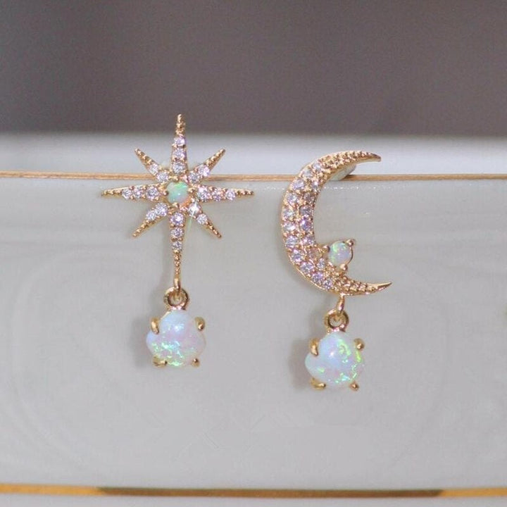 Golden Moon and Star Earrings with Opal - Aurora-Nora Luxe