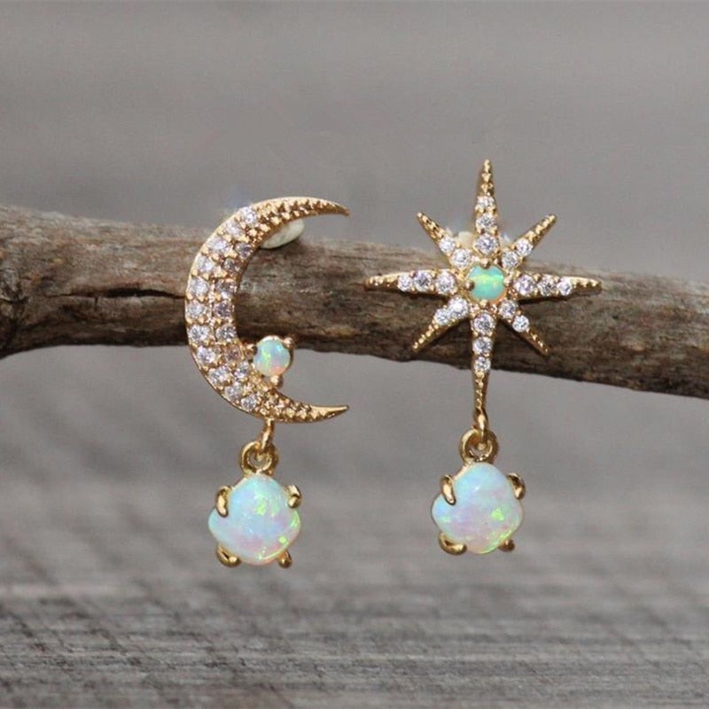 Golden Moon and Star Earrings with Opal - Aurora-Nora Luxe